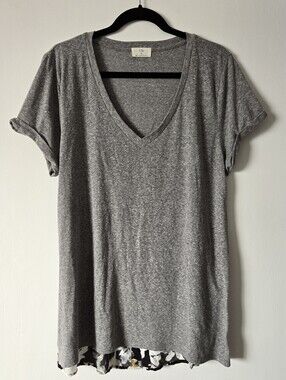 t.LA V-Neck Short Sleeve 2 Sided Mixed Fabric T Shirt Blouse